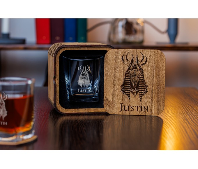 Personalized whiskey gift set Anubis, Ankh, key of life, Egyptian hieroglyphic symbol, Egyptian god of death