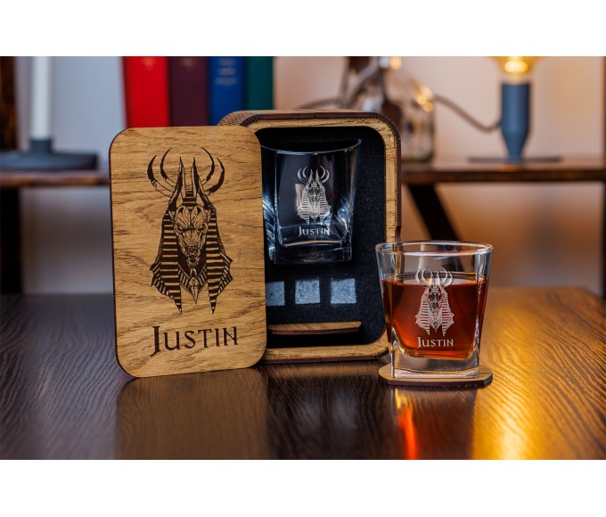 Personalized whiskey gift set Anubis, Ankh, key of life, Egyptian hieroglyphic symbol, Egyptian god of death