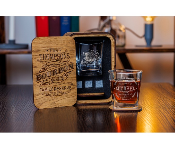 Custom engraved bourbon whiskey box gift set Personalized whiskey set Whiskey stones gift with logo Christmas gift Gifts for husband